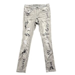 Ninth Hall Rogue Skinny Jeans 30/32 Gray Distressed Graffiti Art Emo Punk